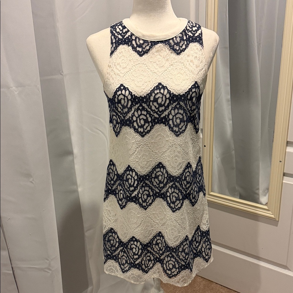 Annabella Navy and Cream Lace Blouse